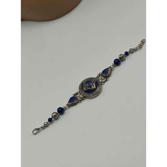 Tibetan Lapis & Coral Necklace Bracelet Earring Jewelry Set Boho Tribal - Picture 5 of 7